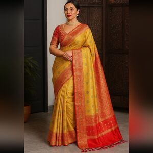 Beautiful Bollywood yellow red saree sari